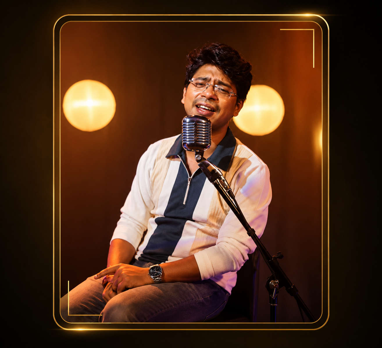 Sebak Rusi Sarkaar singing with vintage studio microphone